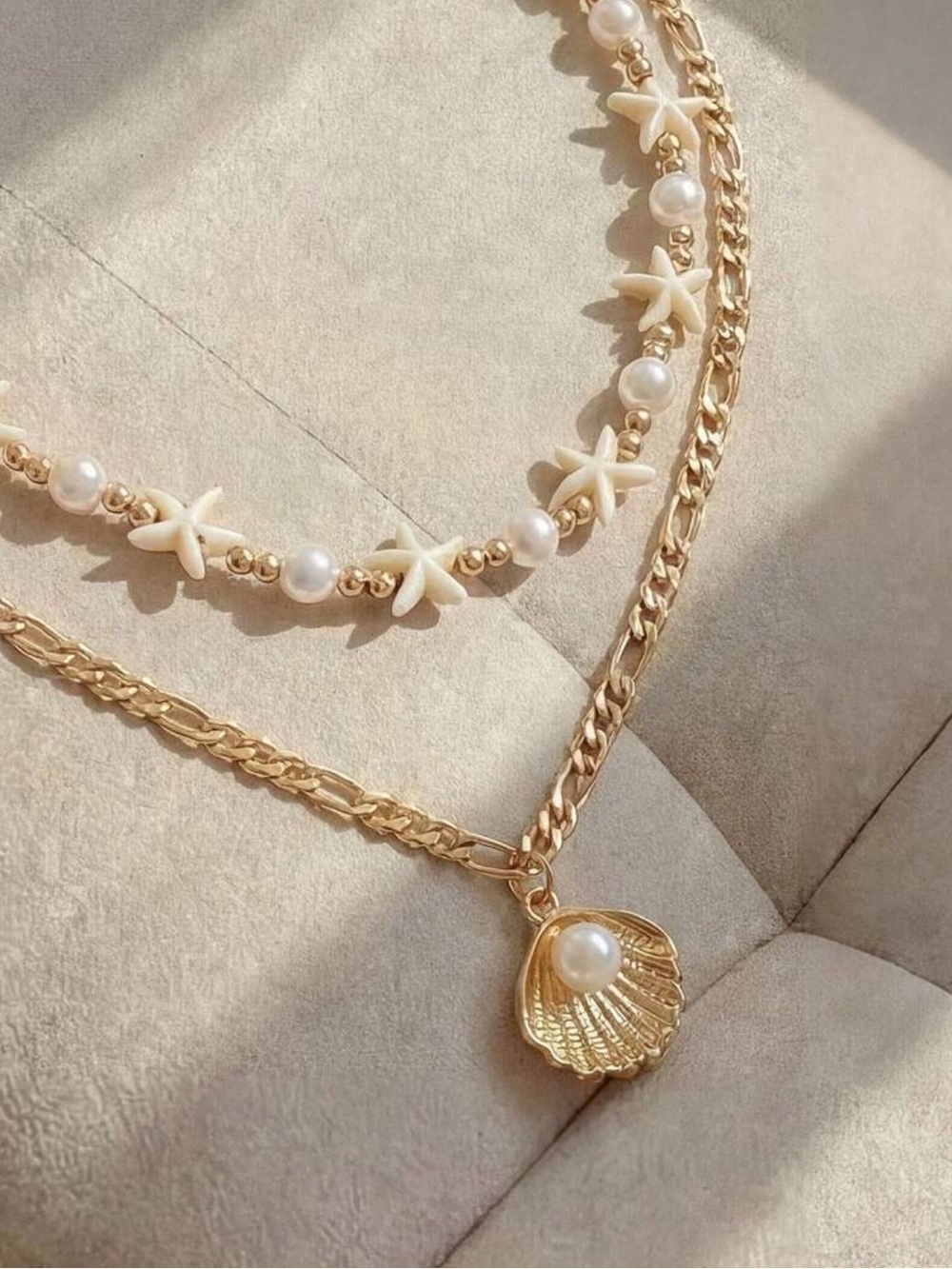Gold Pearl Seashell & Starfish Layered Necklaces